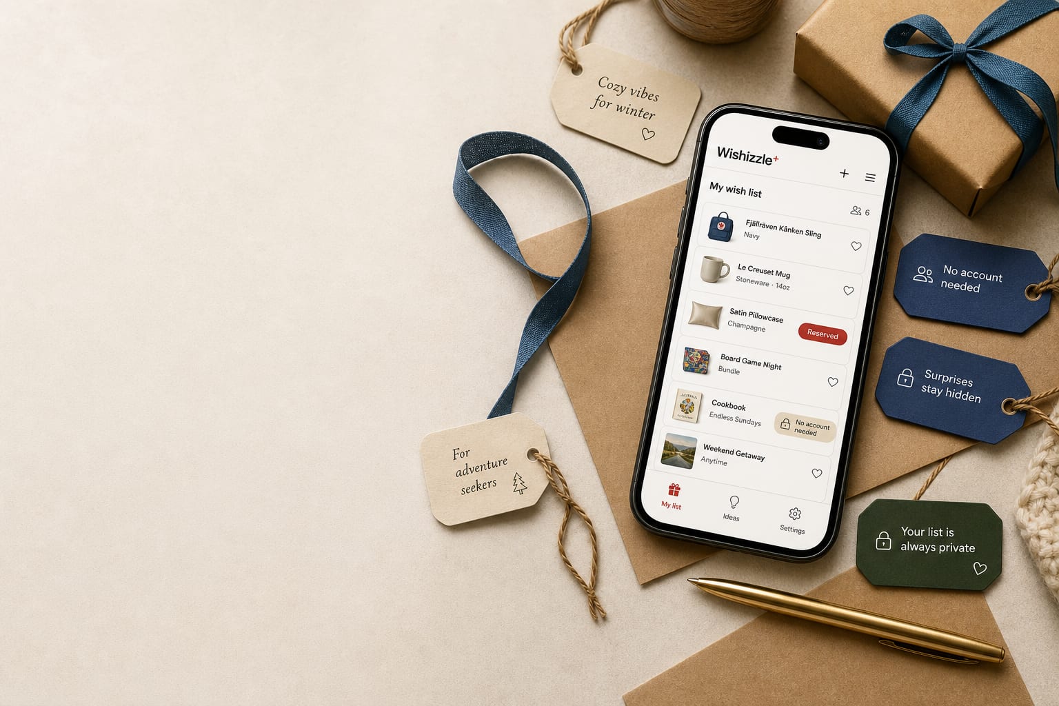 Wishizzle gift list on a phone beside kraft paper, blue ribbon, hang tags, and a wrapped gift on a cream tabletop.